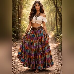 Silver Stream Vintage Patchwork Maxi Skirt Boho Hippie Ikat Broomstick One Size